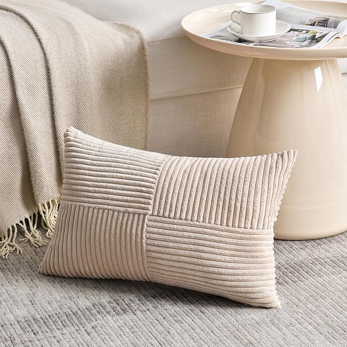 Fancy Homi 2 Packs Tan Long Lumbar Decorative Throw Pillow Covers 12x24 Inch for Couch Bed Sofa, Rustic Farmhouse Boho Home Decor, Soft Striped Corduroy Rectangle Accent Beige Cushion Case 30x60 cm