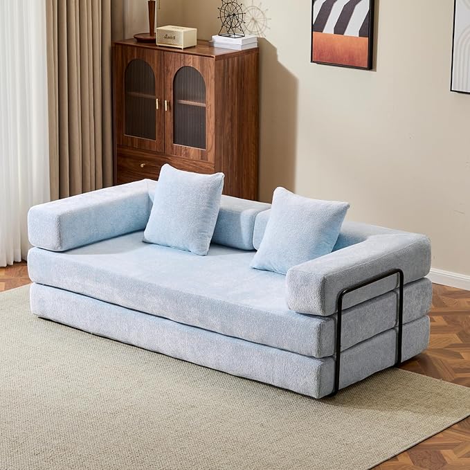 Convertible Sleeper Sofa Bed, Compression Folding Sofa with Pillow, No Assembly Required, Shape Frame, Floor Sofas Lounge Couch for Living Room, Bedroom, Small Spaces(Chenille, 77''W, Light Blue)