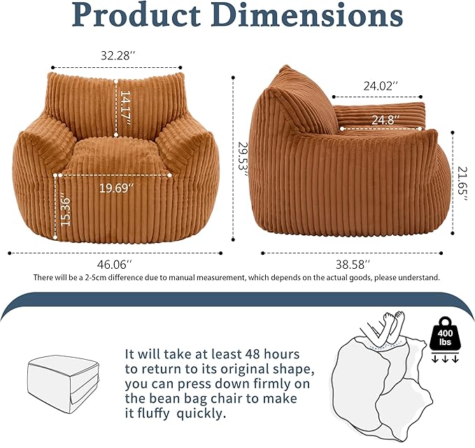 Giant Plush Bean Bag Chair for Adults with Armrests - Oversized Comfy Orange Beanbag Lounge Lazy Floor Sofa Accent Chair for Living Room, Bedroom & Dorm, Cozy Fluffy Single Cloud Mini Couch