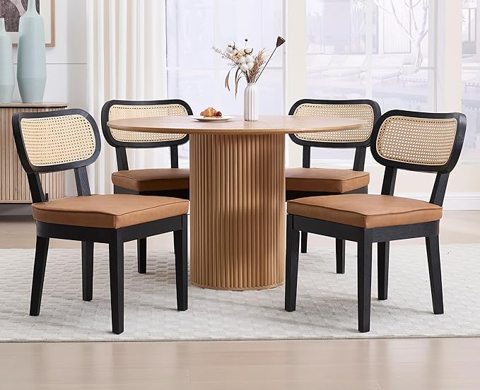 EALSON Mid Century Modern Rattan Dining Chairs Set of 4 Farmhouse Black Wood Kitchen Chairs with Cane Back Leather Upholstered Accent Armless Chairs for Dining/Living Room Restaurant, Brown