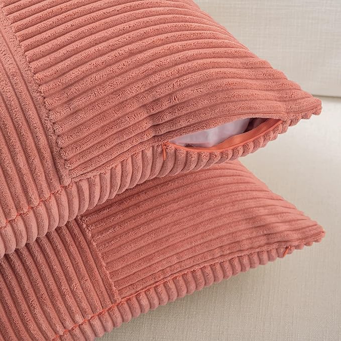 Fancy Homi 2 Packs Coral Long Lumbar Decorative Throw Pillow Covers 16x24 Inch for Couch Bed Sofa, Rustic Farmhouse Boho Home Decor, Soft Striped Corduroy Rectangle Accent Peach Cushion Case 40x60 cm