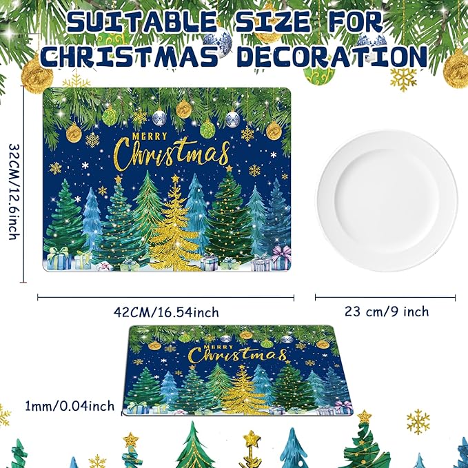 Christmas Pine Trees Placemats Set of 6 Plastic Table Mats Xmas Ball Ornaments Snowflakes Place Mats Holiday Pine Trees Winter Table Decoration for Indoor Outdoor Party Kitchen Dining