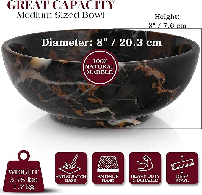 Gusto Nostro 8" Luxury Black Marble Decorative Bowl for Coffee Table - Elegant Decorative Fruit Bowl for Kitchen Counter - Heavy Stone Entryway Catch All for Keys, Potpourri Holder Centerpiece, Medium