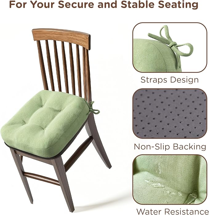 Codi Dining Chair Cushions 2 Pack, Thick Chairs Pads for Indoor Kitchen Room - Washable, Non-Slip Memory Foam Seat Cushion with Ties, 16.5"x16.5"x 3.5", Set of 2, Sage