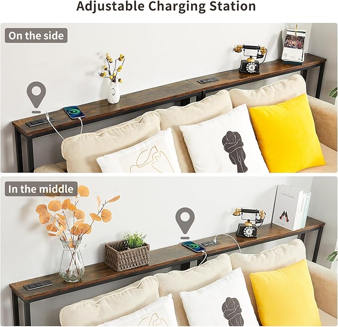 ELYKEN 2 Pack 5.9" Narrow Console Sofa Table with Power Outlets, 5.9" D x 39.4" W x 31.1" H Long Couch Table with Metal Frame and Charge Station with 6.5’ Extension Cord, Rustic Brown
