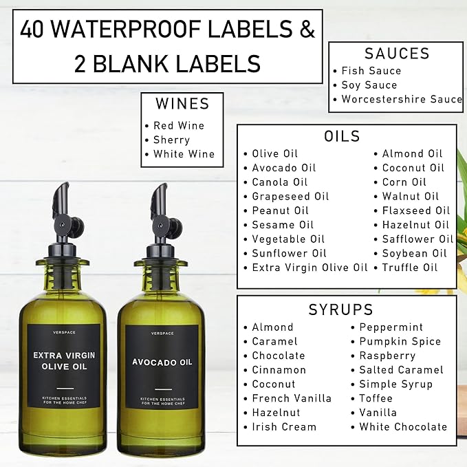 Green Glass Olive Oil Dispenser Bottle For Kitchen By Verpsace,Avocado Oil Dispenser Set, Modern Decor, Gold Kitchen Accessories for Home, Airbnb, Cafe (Black, Set of 2)