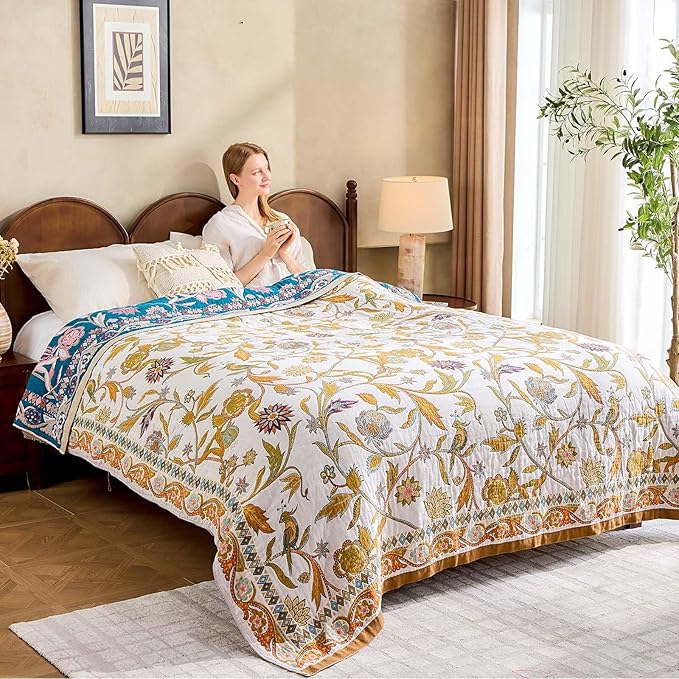 Fall Throw Blanket for Couch, Brown Boho Decorative Throw Blanket, 100% Cotton Muslin Breathable Woven Farmhouse Blankets Quilt, 60"x80" Reversible Lightweight Blankets Bohemian Throw Quilt