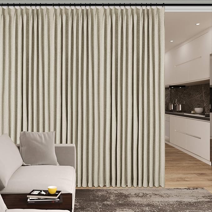 70" W x 108" L Faux Linen Room Divider Curtains, Full Blackout Pinch Pleated Drapes for Traverse Rod, Bedroom Divider Privacy Drapery with Hooks for Ceiling Track, 1 Panel, Beige
