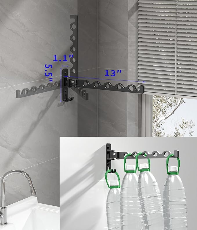 Dr.DJ Wall Hanger for Clothes, Coat Hanger Wall Mounted Silver Retractable Clothes Drying Organizer Rack Garment Hooks Aluminium Folding Indoor Space Save (2 Racks) Silver