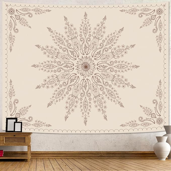 Fowocu Boho Floral Mandala Tapestry for Bedroom Aesthetic Bohemian Flower Wall Tapestry Beige Hippie Indian Extra Large Tapestries Wall Hanging for Living Room Dorm Decor 90 x 68 Inch