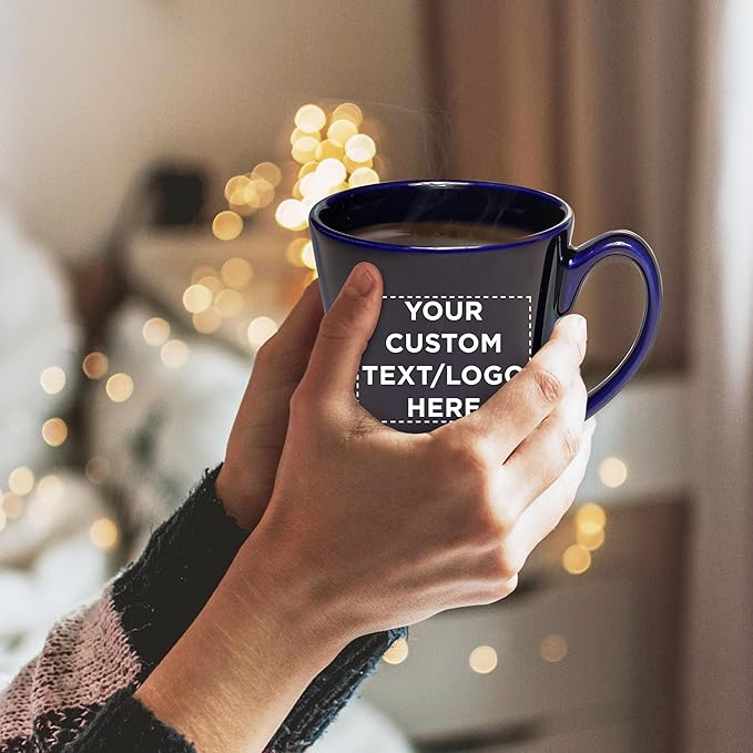 DISCOUNT PROMOS Custom Glossy Ceramic Latte Coffee Mug 12 oz. Set of 100, Personalized Bulk Pack - Perfect for Tea, Espresso, Cappuccino, Hot Cocoa - Blue