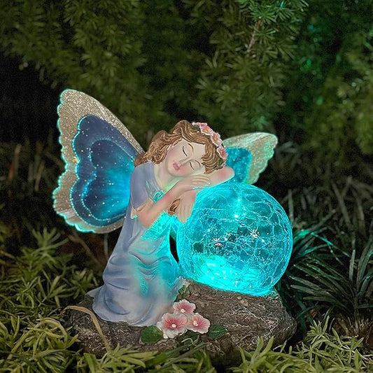 Fairy Garden Statue ，Solar Garden Decor ，Fairy Statue Outdoor with Glass Ball ，Waterproof Outdoor Decor，Suitable for Yard, Lawn ，Ideal for Holiday Giving（Blue）