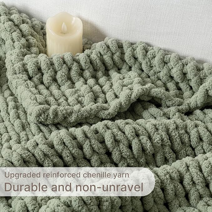 Chunky Knit Blanket Throw, 100% Hand Knit Throw Blanket Handmade Chenille Cable Knit Throw for Couch, Stylish Cozy Soft Rope Knot Crochet Blanket for Home Decor, Sage Green, 60x80 Inches