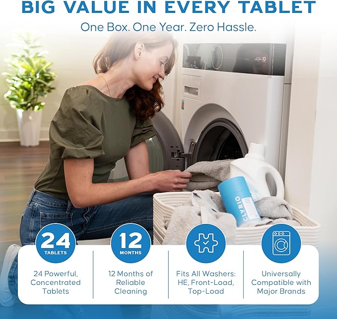 Clyrio Washing Machine Cleaner, 1-Year Supply of Washing Machine Cleaning Tablets, Great for Freshening Top and Front Loaders, 24 Concentrated Tablets