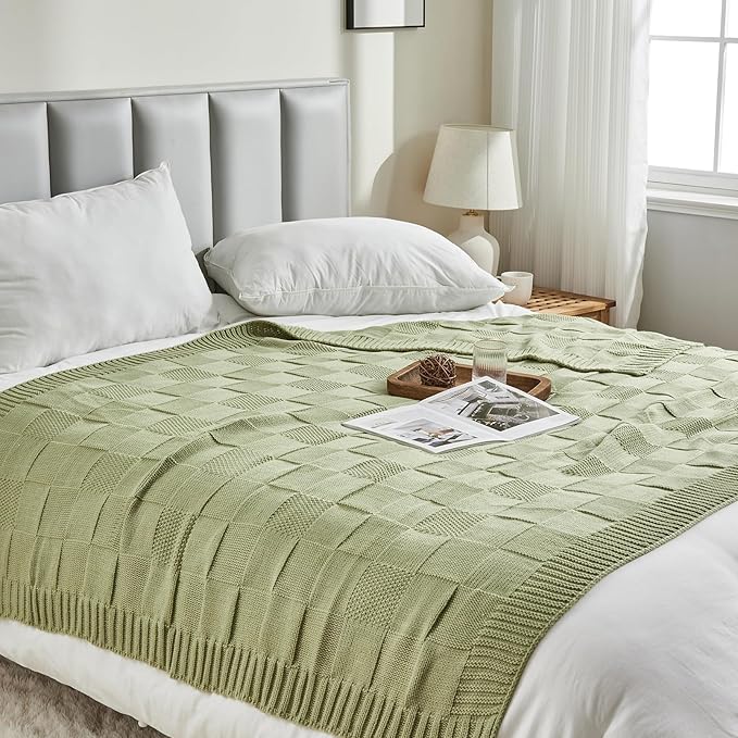 CozeCube Check Knit Throw Blanket, Sage Green Checkered Throw for Couch, Decorative Christmas Soft Cozy Warm Knitted Blanket for Bed Sofa Living Room, 60"X80"
