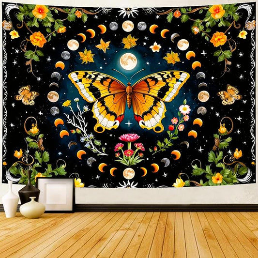 Delur Butterfly Moon Flower Tapestry Botanical Floral Plant Boho Tapestry Wall Hanging Mandala Aesthetic Mushroom Retro Vintage Headboard for Bedroom Living Room Home Decor (70.8" x 92.5")