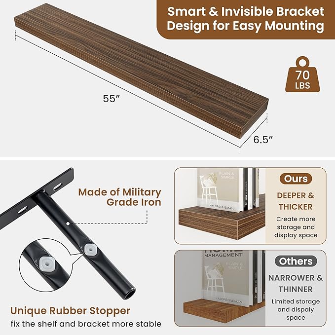 fuqing Floating Shelves for Wall, Bathroom Shelf Wall Mounted for Storage, Shelves with Invisible Bracket for Bedroom, Kitchen, Living Room, Farmhouse Small Book Shelf, 55 Inch Set of 2, Walnut
