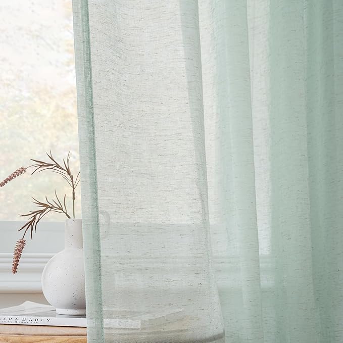 FMFUNCTEX Linen Sheer Curtains for Bedroom, Sage Green Curtains 84 inches Long for Living Room, Farmhouse French Flax Blend Window Draperies, Rod Pocket 2 Panels Set