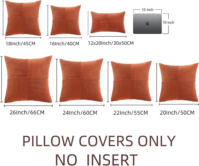 Fancy Homi Set of 2 Burnt Orange Decorative Throw Pillow Covers 28x28 Inch for Living Room Couch Bed, Boho Farmhouse Fall Home Decor, Soft Corss Corduroy Patchwork Textured Cushion Case 71x71 cm