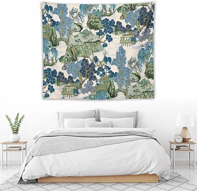 Chinoiserie Tapestry,Asian Watercolor Abstract Art Tapestry,Asian Japanese Wall Tapestry, Nature Landscape Tapestries for Bedroom Living Room Decor 60"x50"