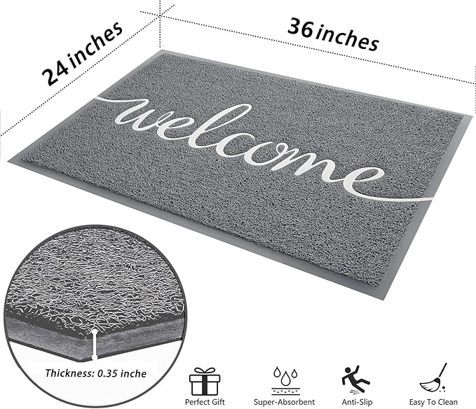 Durable Low Profile Floor Mat, Indoor and Outdoor, Non Slip Rug, Easy to Clean Welcome Mat, for High Traffic Areas, Entryway, Patio (36x24", Grey)