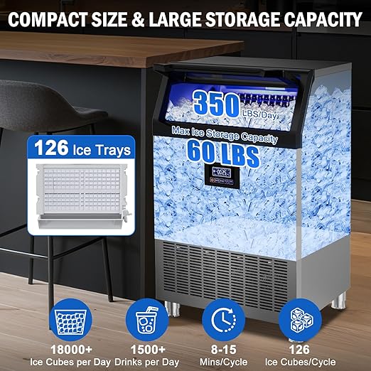 Commercial Ice Maker Machine 350 LBS/24H, 136 Ice Trays Freestanding & Undercounter Ice Machine Stainless Steel with 60 LBS Ice Storage Capacity, Ice Maker with Water Line and Filter, Dual Water Inlet