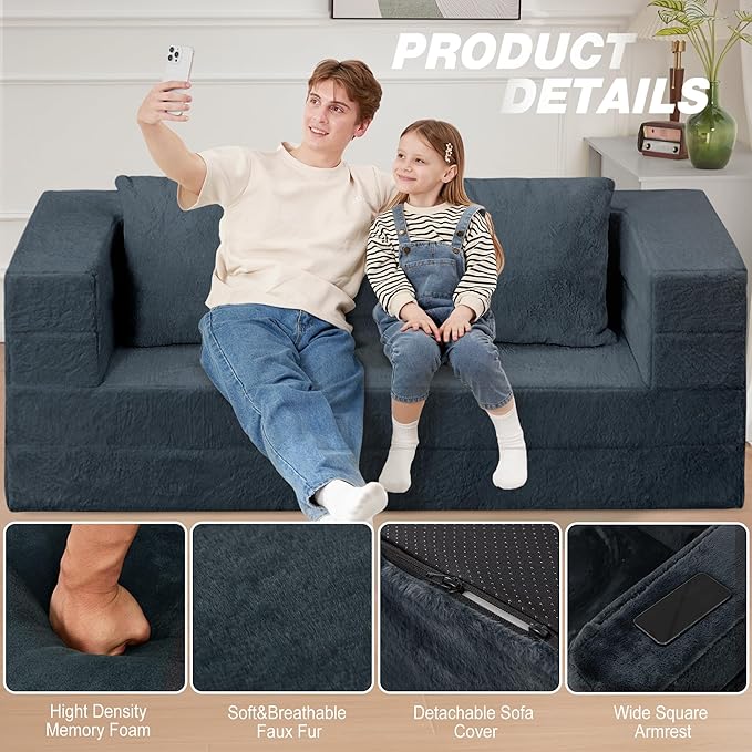 Folding Bean Bag Chair for Adults,3-in-1 Bean Bag Couch Faux Fur Floor Sofa Large Beanbag Convertible Bean Bag Sofa Bed with Pillow in Bedroom,Living Room,Apartment(Queen,Dark Grey)