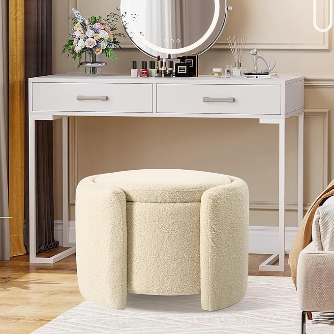 Furniliving Upholstered Button Tufted Round Ottoman, Ottoman with Storage, Teddy Footrest Stool, Removable Lid Convenient Footstools, Bedroom Ottomans with Storage for Vanity, Living Room, Beige