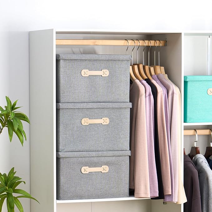 Enzk&Unity Decorative Storage Boxes with Lids, 3 Pack Grey Fabric Storage Bins with Handle, Foldbale and Stackable Storage Boxes for Shelf, Closet, Bedroom, Living Room