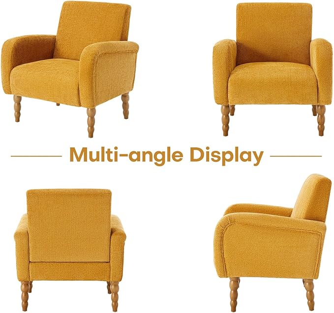Chenille Fabric Accent Chair, Upholstered Armchair with Solid Wood Legs, Modern Living Room Accent Chair, Comfy Single Sofa Chair Reading Club Chair for Bedroom Reception Lounge, Yellow