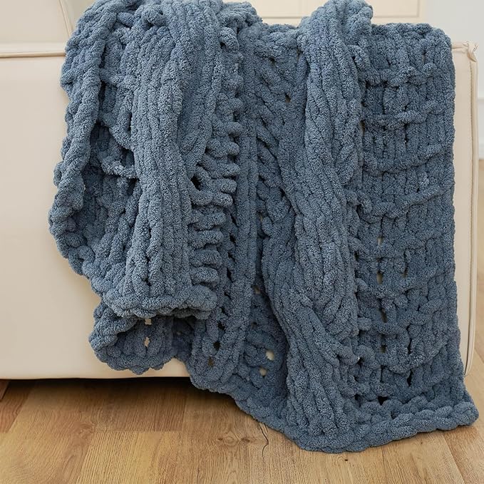 Esterra Chunky Knit Blanket Throw 50"x60", 100% Hand Knitted Chenille Throw Blanket, Cozy Soft Thick Cable Knit Throw Large Rope Knot Crochet Throw Blanket for Sofa Couch Bed, Blue Mirage