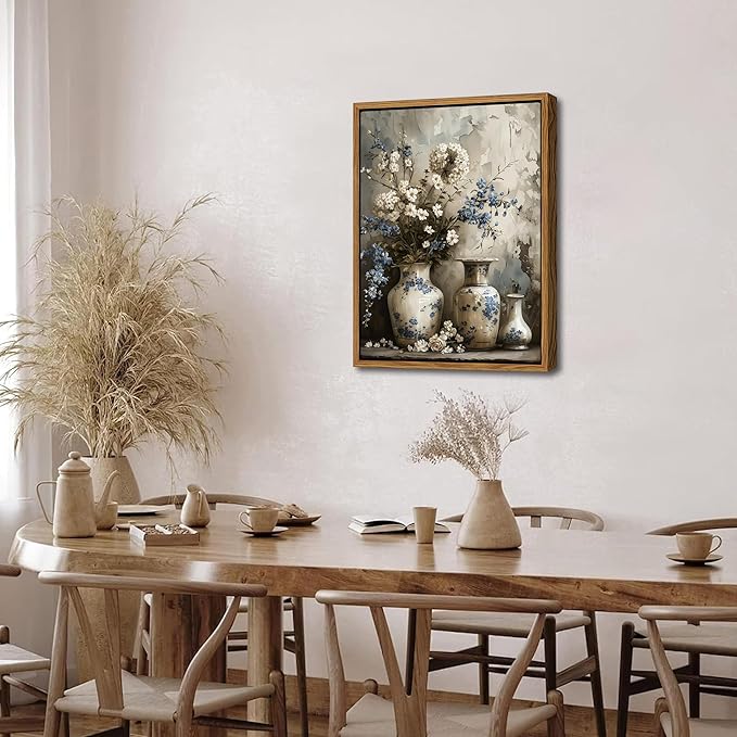 Floating Framed Farmhouse Floral Canvas Wall Art, Vintage Blue and White Flower Pictures Wall Decor, Elegant Art Jar Posters Print for Living Room Bedroom Bathroom Rustic Decor 16x24 inch