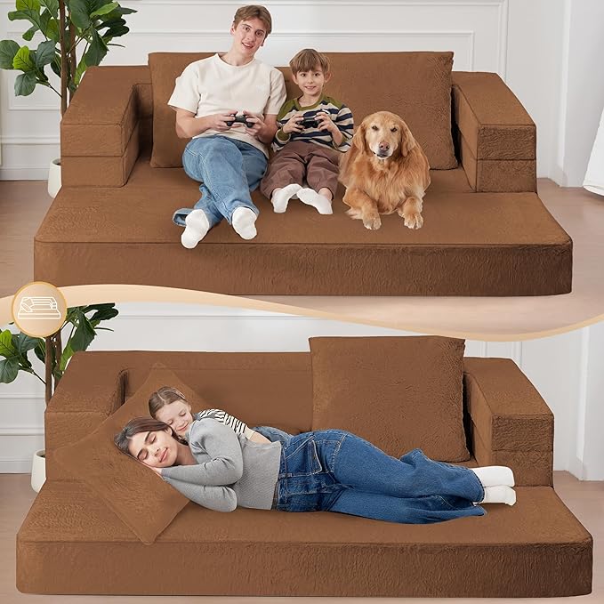 Folding Bean Bag Chair for Adults,3-in-1 Bean Bag Couch Faux Fur Floor Sofa Large Beanbag Convertible Bean Bag Sofa Bed with Pillow in Bedroom,Living Room,Apartment(Queen,Caramel)