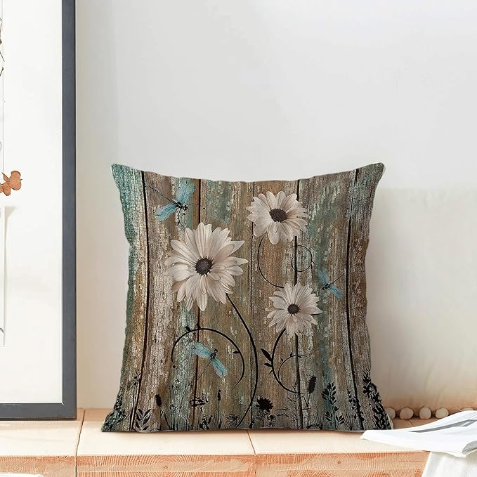 CXMEIFLY Spring Floral Pillow Covers 18 x 18 Inch Set of 2 for Brown Wood Texture Daisy Flowers Decor Throw Pillows Dragonfly Plant Floral Outdoor Decorative Cushion Cases for Couch Bed Decorations