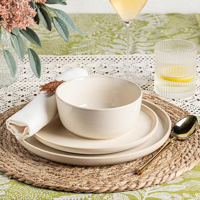 GBHOME Ceramic Dinnerware Sets for 4, 12 Pieces Stoneware Plates and Bowls Sets, Scratch Resistant Dishes, Dishwasher & Microwave Safe, Reactive Glaze-Vanilla color