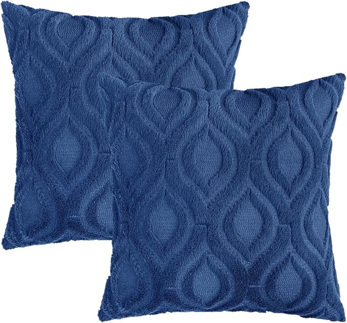 decorUhome Fall Throw Pillow Covers 18x18 Inch Set of 2, Soft Plush Decorative Faux Fur Dark Blue Solid Couch Pillow Covers, Accent Farmhouse Neutral Square Euro Pillow Cases for Sofa Bed Living Room