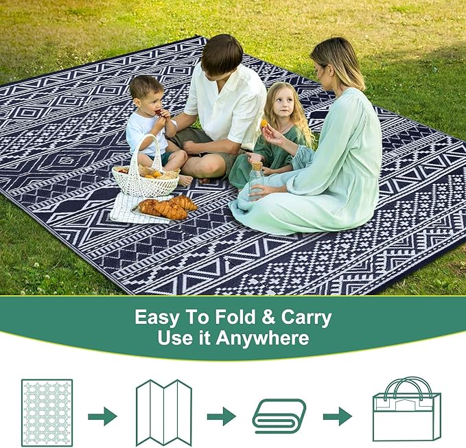 GAOMON Reversible Outdoor Rug 9'x18' Waterproof Plastic Straw Rug, Patio Rug, Large Modern Area Rug Carpet, Indoor Outdoor Rugs for Camping, Porch, Deck, Balcony, Backyard, Dark Blue/White(Bohemia)