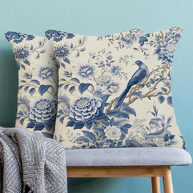 CXMEIFLY Spring Floral Pillow Covers 16 x 16 Inch Set of 2 for Chinoiserie Flowers Bird Decor Throw Pillows Vintage Blue and White Plant Outdoor Decorative Cushion Cases for Couch Bed Decorations