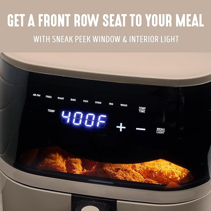 GreenLife Compact Electric Air Fryer Oven, 5.3 QT, PFAS-Free Ceramic Nonstick Drawer, 8 One Touch Digital Display, Easy View Window, Auto Shut-Off Timer, Dishwasher Safe Parts, 1500 Watts, Taupe