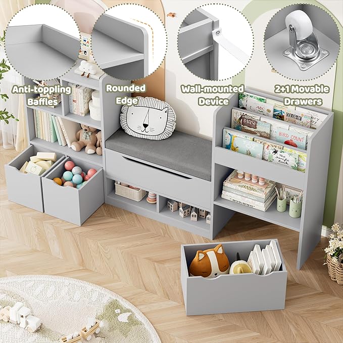 FOTOSOK 72” Kids Bookshelf with Reading Nook, Large Toy Storage Organizer with Seat Cushion and 3 Movable Drawers, Kids Reading Nook Toy Organizers and Storage with Bench for Living Room, Grey