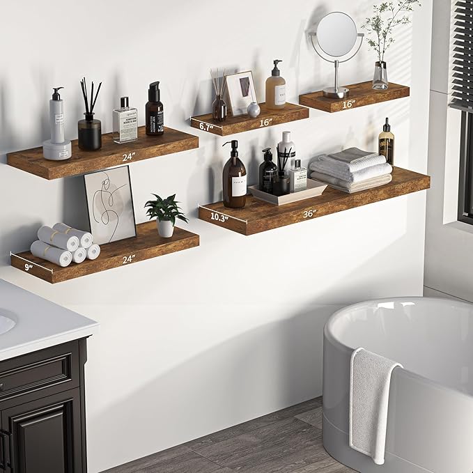 Floating Shelves - 2 Pack 9 Inch Rustic Wooden Wall Shelves - Extra Deeper & Thicker Wall Mounted Storage Shelf for Living Room, Kitchen, Farmhouse - 24" W x 9" D x 1.6" H - Rustic Brown