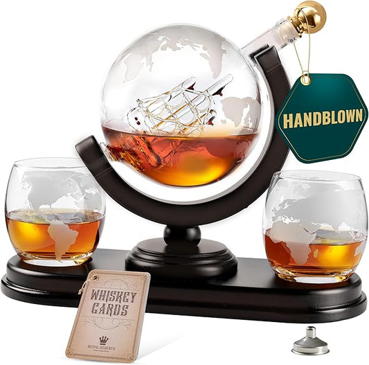Globe Whiskey Decanter Gift Set by Royal Reserve | Etched World Map Globe Decanter 29 oz 850 ml with Glasses for Bourbon, Liquor – Whiskey Gifts for Men Dad Boyfriend Husband