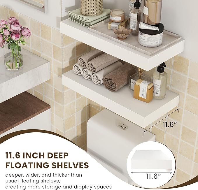 Deep Floating Shelves, 24''W x 12''D Floating Shelves White Set of 2, 12 Inch Deep Large Wood Shelves for Books Living Room Bathroom Laundry Room Bedroom Kitchen Home Office - White