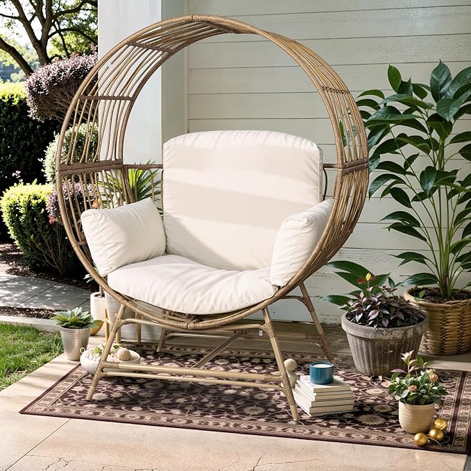 Egg Chair Outdoor Indoor, Oversized Rattan Chair with Thicken Cushion, 350LBS Capacity Wicker Patio Lounge Chair, Basket Chair for Living Room Balcony Porch Backyard, Beige