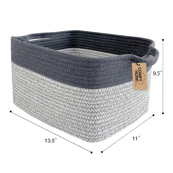COMFY-HOMI 3Pack Cotton Rope Square Basket with Handles for Shelves|Dog Toy Storage Bin|Shoe Organizer - New 13.5" x 11" x 9.5" (Light Grey)