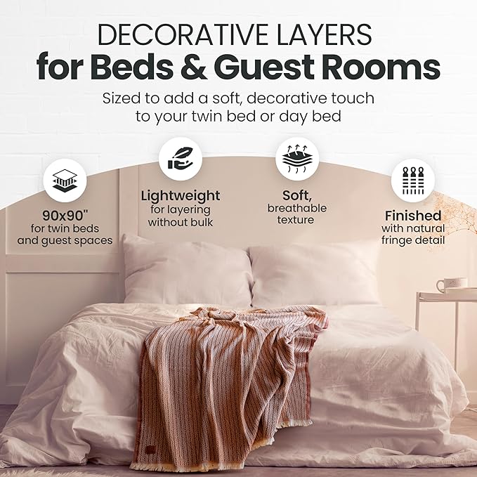 Gold Case Throw Blanket for Bed – 100% Recycled Turkish Cotton Bed Blanket – Decorative Throw Cotton Blankets for Living Room & Bedroom – Vintage Grey Woven Queen Blankets – 90x90