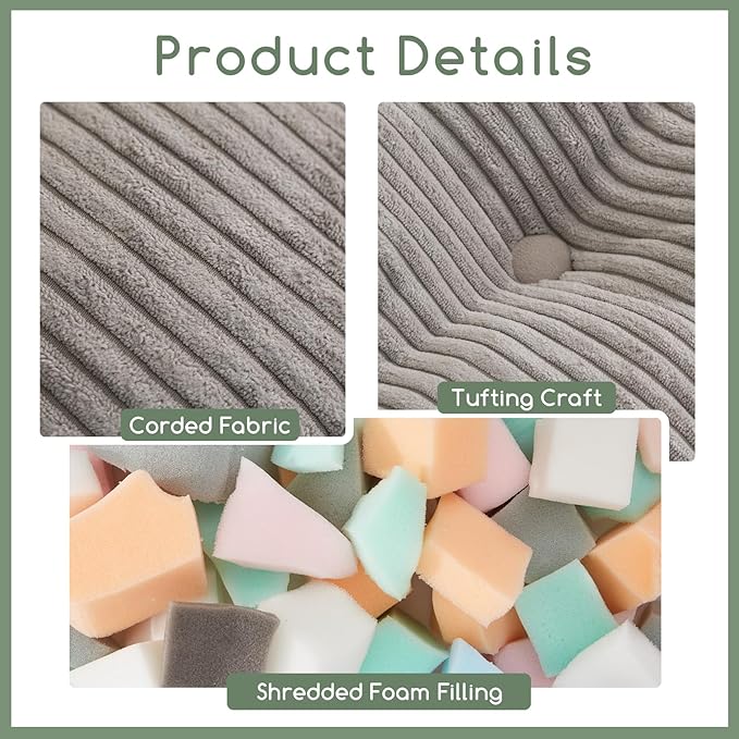 HIGOGOGO Square Stuffed Pouf Ottoman, Corduroy Poufs with Foam Chunk Filling, Furry and Fluffy Pouf Foot Stool Storage Ottoman, 25.6 X 25.6 Floor Poufs Foot Rest for Living Room, Grey
