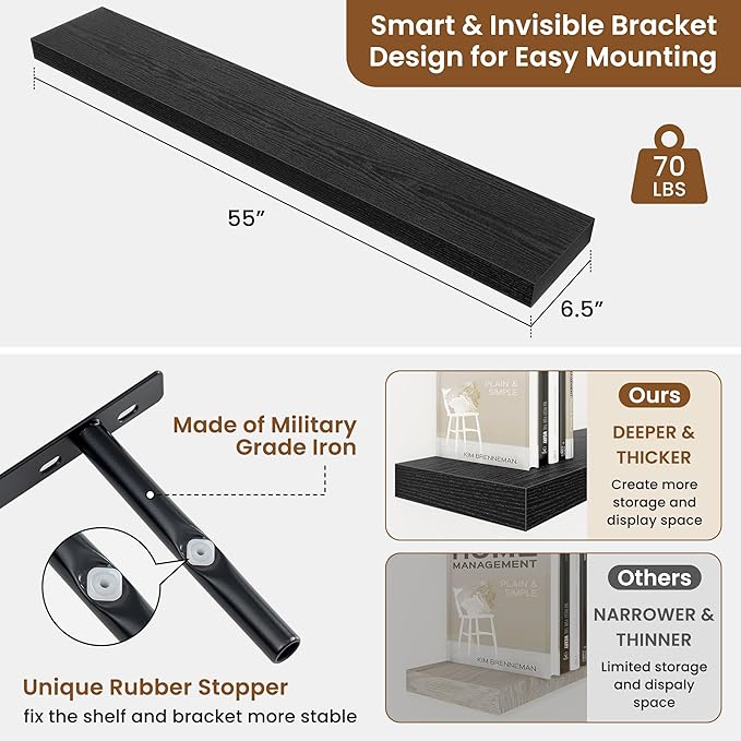 fuqing Floating Shelves for Wall, Bathroom Shelf Wall Mounted for Storage, Shelves with Invisible Bracket for Bedroom, Kitchen, Living Room, Farmhouse Small Book Shelf, 55 Inch Set of 2, Black