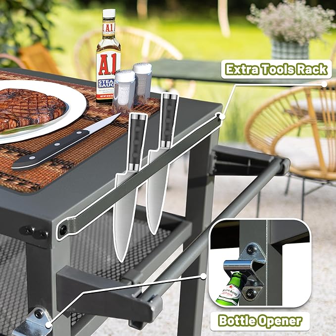 Domi 3-Shelf Outdoor Grill Table, Grill Cart Outdoor with Wheels, Pizza Oven and Food Prep Table, Blackstone with Propane Tank Hook, BBQ Stand for Blackstone Griddle for Outside BBQ