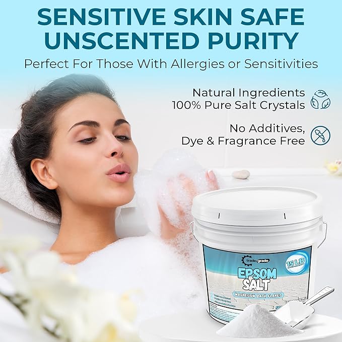 Epsom Salt Bath Soak 15 lb Bucket – Unscented, Pure Epsom Salt Bulk Crystals, Magnesium Sulfate for Full Body or Foot Soaks, Resealable Container with Scoop for Home Bath Use